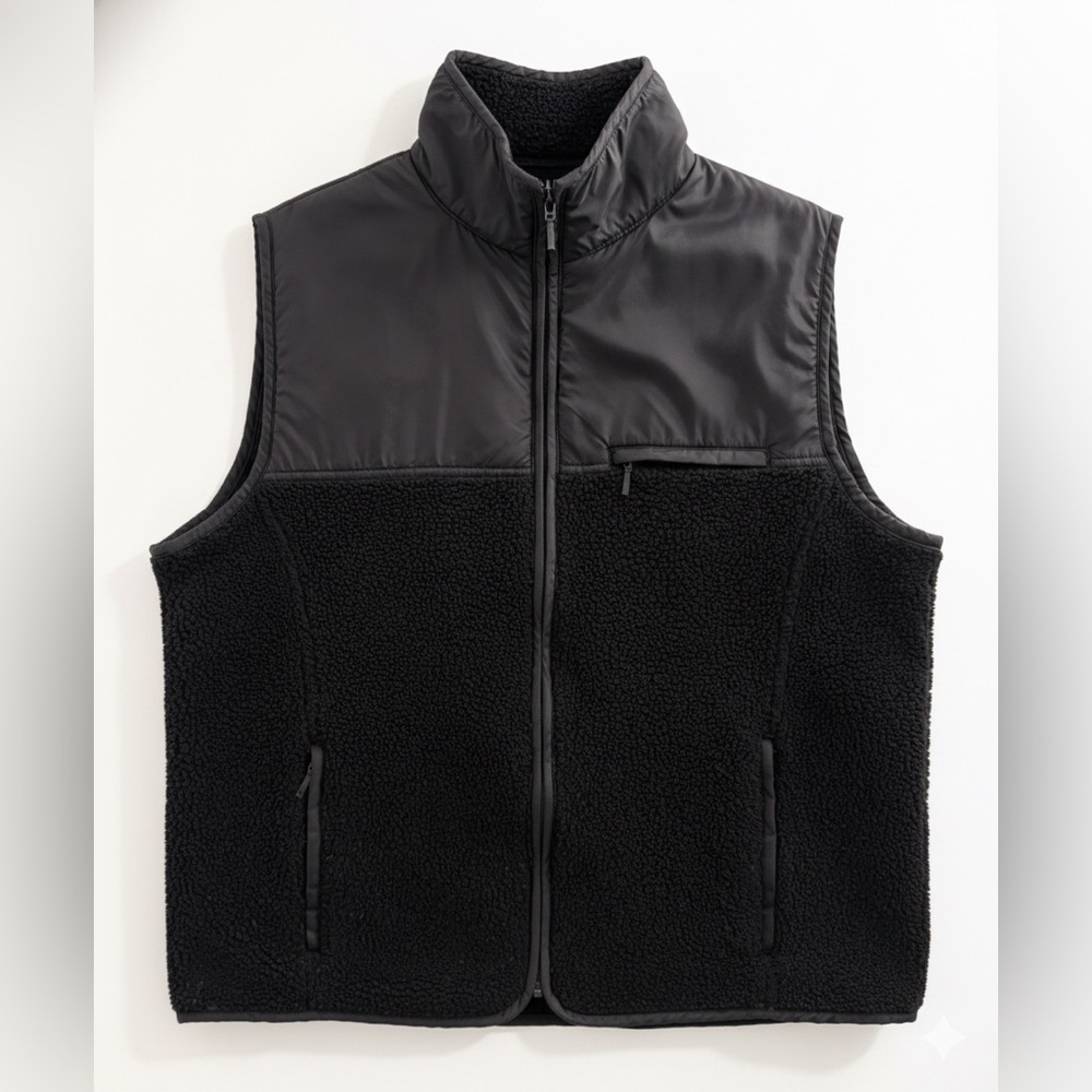 Gap | Women’s Black Sherpa Puffer Vest Mixed-Media With Pockets 22” PTP